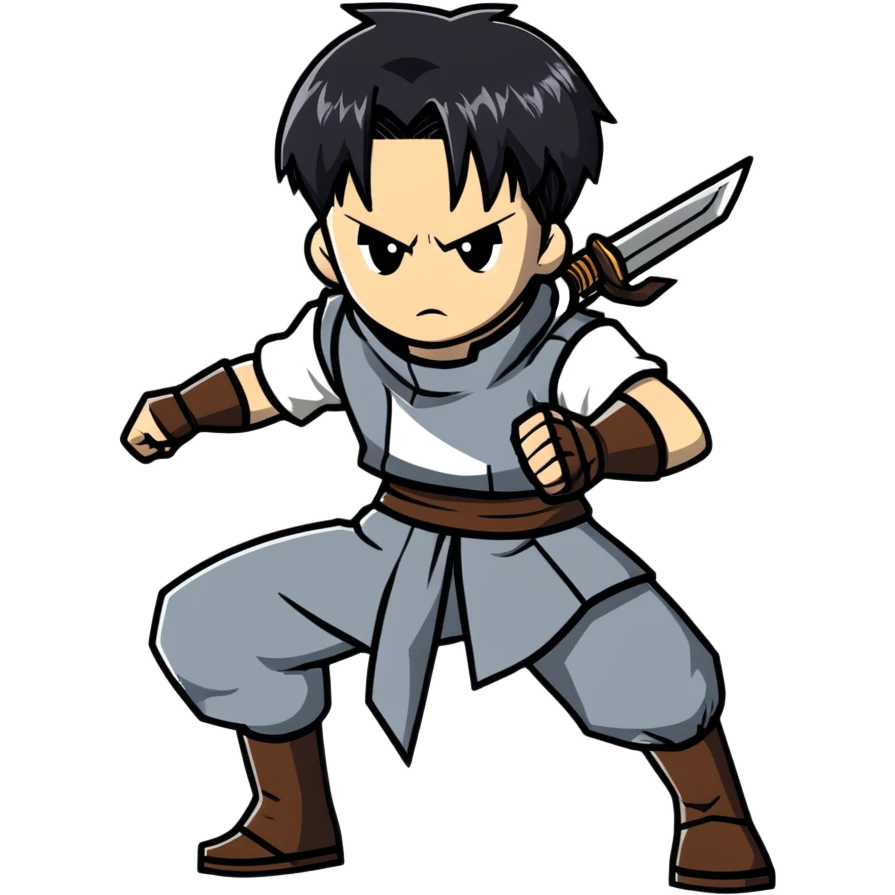 Levi Ackerman from Attack on Titan in battle stance with ODM gear, black undercut hair, serious expression emoji