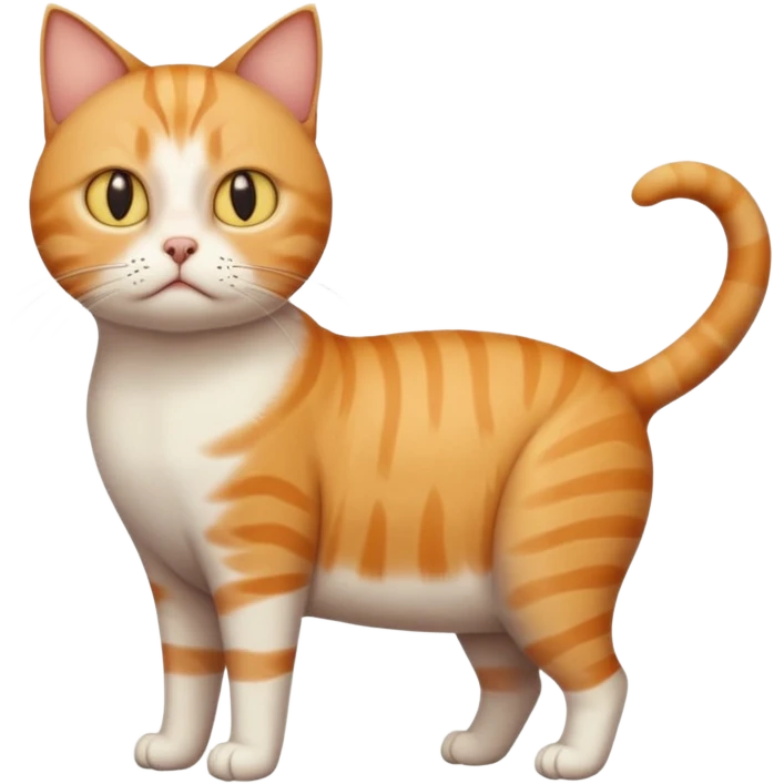 full body white, ginger and tabby cat with skinny head and fat body with an anxious face emoji