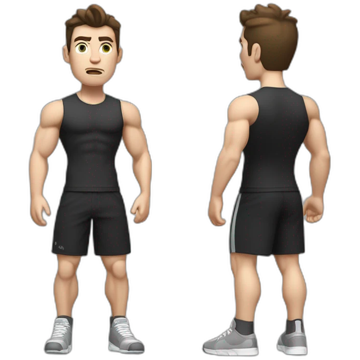 Confused Pale skinned Fit Man With the biceps and dark brown hair in black shirt, gray sports shorts and white Sneakers emoji