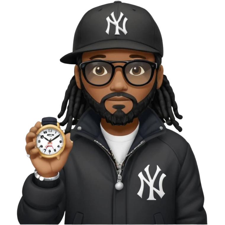 African American man with shoulder length black dreadlocks with black beard wearing black sunglasses wearing a black bubble winter coat and a New York Yankees logo baseball cap looking at watch emoji