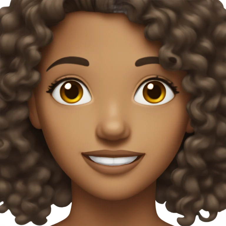 A brunette hot woman with brown eyes, makeup, smiling, a little curly and happy emoji