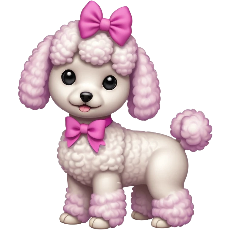 Two white toy poodle–style dogs, fluffy curly fur, round faces, black button eyes. Hot-pink paws, purple-dyed ear tips. One taller dog standing upright wearing a large pastel pink bow, one smaller round dog sitting. Cute plush emoji style. emoji
