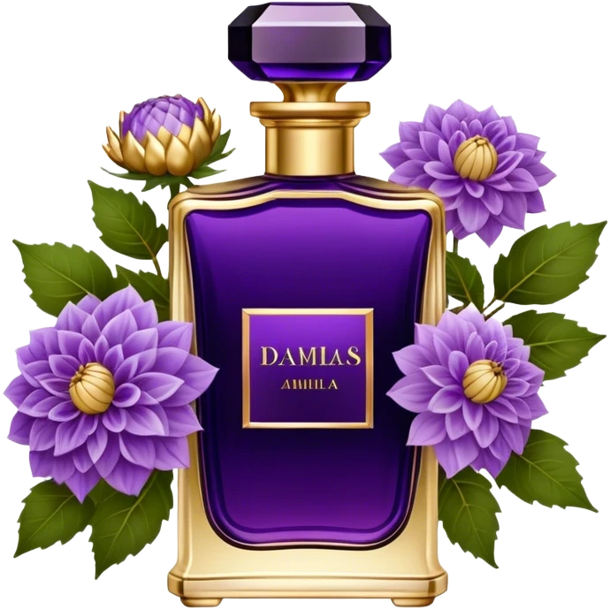 A dark amethyst vintage French-style perfume bottle with intricate golden detailing rests elegantly on an antique vanity. Surrounding it, delicate periwinkle dahlias and soft lavender sprigs add a touch of romantic charm. The glass reflects a warm glow from a nearby candle, enhancing its deep violet hues. The scent of aged vanilla and floral notes lingers in the air, evoking an aura of timeless elegance. emoji