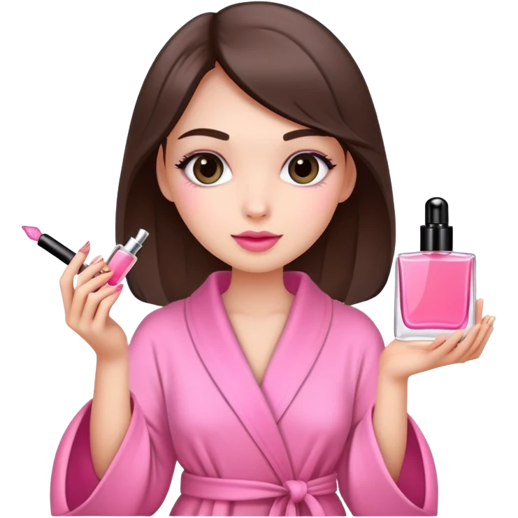 girly girl in pink robe holding perfume and makeup, cute emoji
