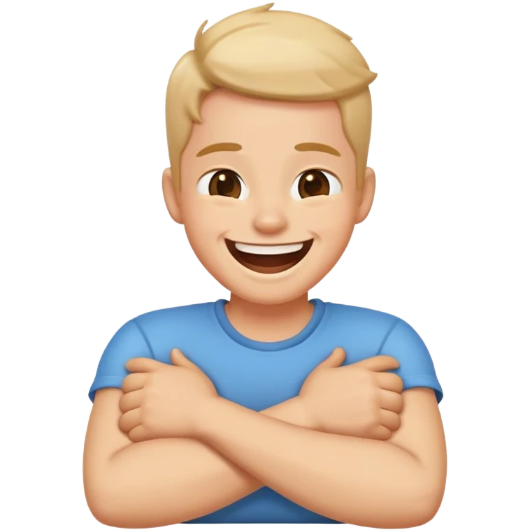 Person with arms crossed, holding neck, laughing emoji
