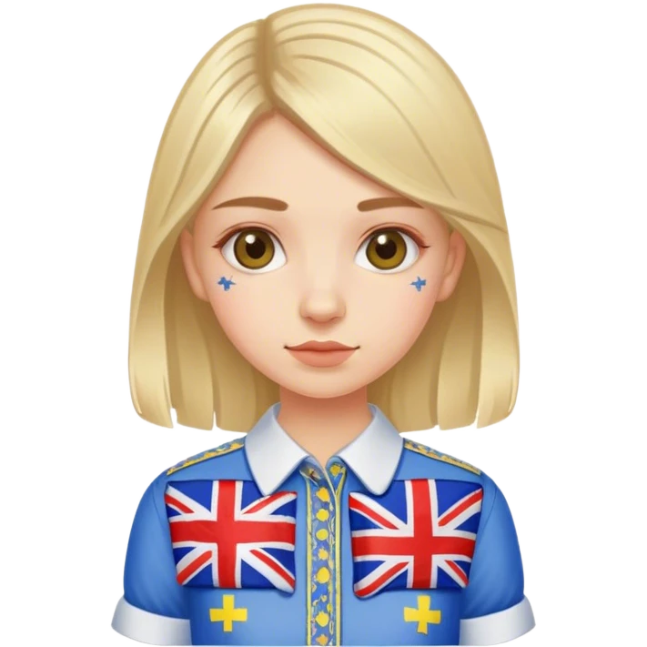 A Ukrainian girl wearing an embroidered shirt holds a British flag emoji