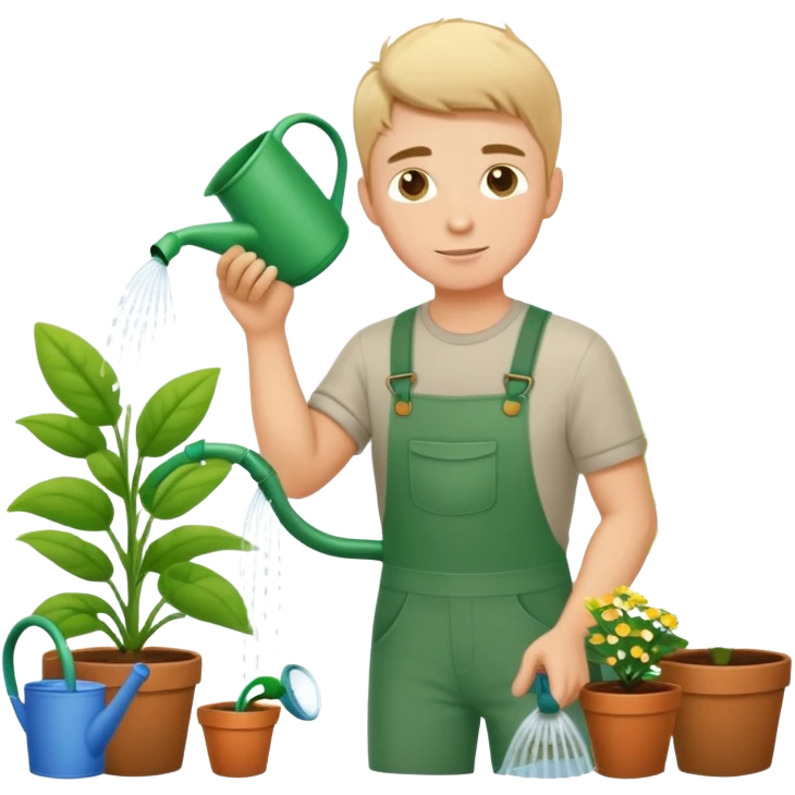hardworking young white male gardener watering plants emoji