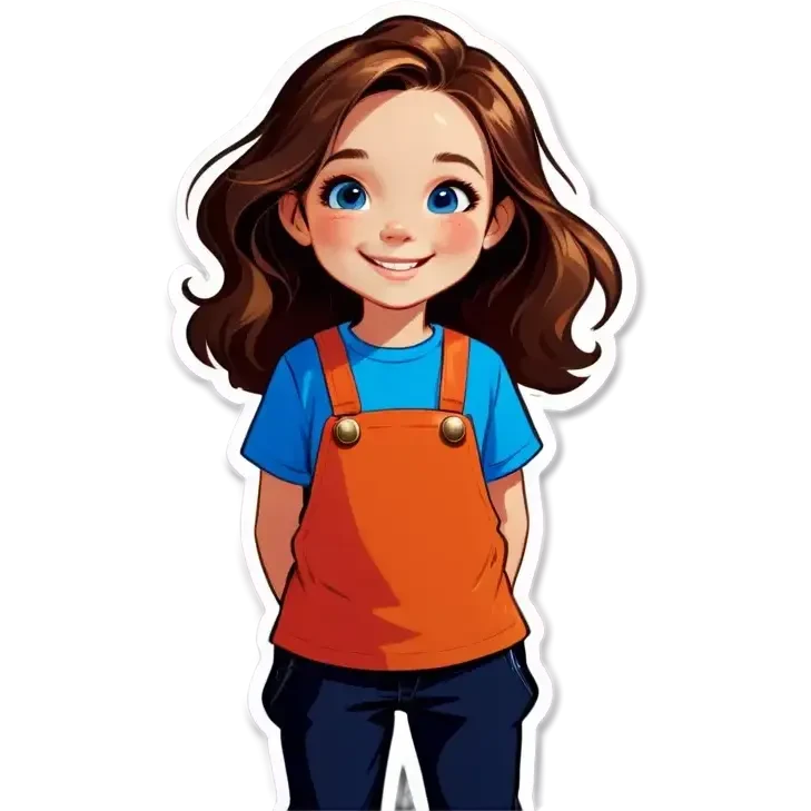 Little Girl, white skin, bronze hair, smile, tutor, bright blue t shirt emoji