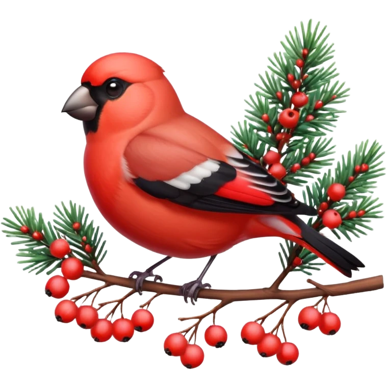 3D emoji of a bright red bullfinch bird (Snegir) sitting on a pine branch covered in fluffy white snow and red frozen rowan berries. Vibrant colors, soft feathers texture, glossy 3D icon style, Apple aesthetic, isolated on a solid white background, studio lighting. emoji