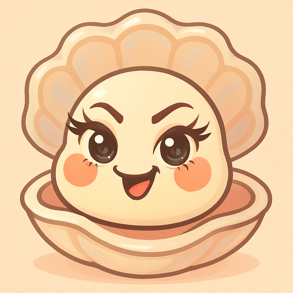 Enhance the oyster's eyes to be even more expressive and luminous with long, elegant eyelashes. Accentuate the pastel, pearly, cream, peach, and greige nuances more strongly. Keep the shell large and the oyster small. Maintain the pastel toon style, the background, and the mischievous expression as is. emoji