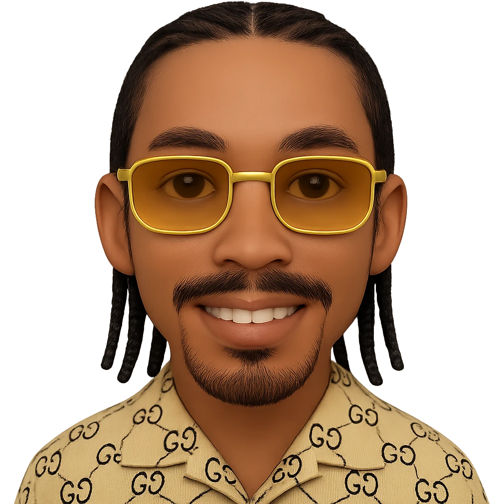 Create an emoji style smiley with a thin face, slightly lighter skin tone, chin-only beard (no hair under the lower lip), mustache only above the upper lip, no hair under the lower lip, very detailed black braided hair starting from the roots and falling to the sides and back as shown in the reference photos, rectangular golden sunglasses, beige top with GG pattern and visible collar, transparent background. Faithful details to the photo. emoji