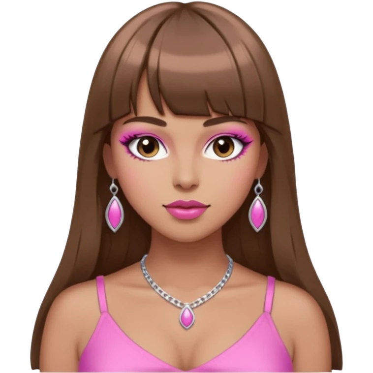 long brown hair straight cut bangs. thot voluptous chest and gen z pink feminine makeup. simple silver accessories. big topless hanging chest. smug detailed face. emoji