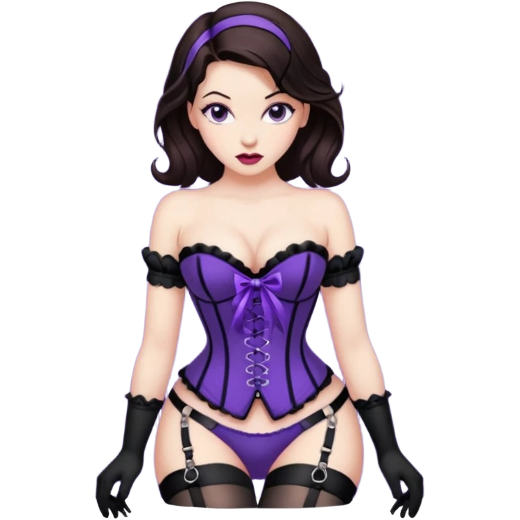 brunette pinup girl in violet gorset hanging in hogtied bondage with stocking emoji