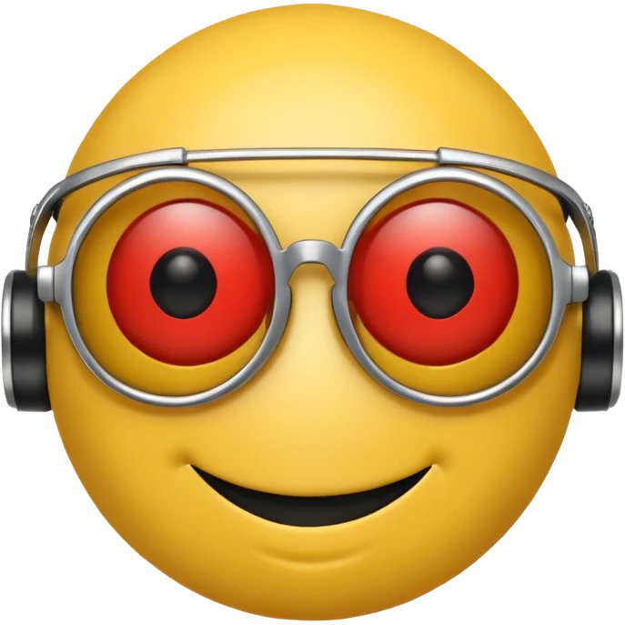 Yellow smiley face head with sunglasses, but the right eye is a red robot eye emoji