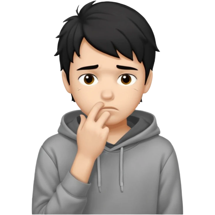 generate a pretty bratz fair skinned boy with messy black hair in a grey hoodie looking sad and bored with hand on chin emoji