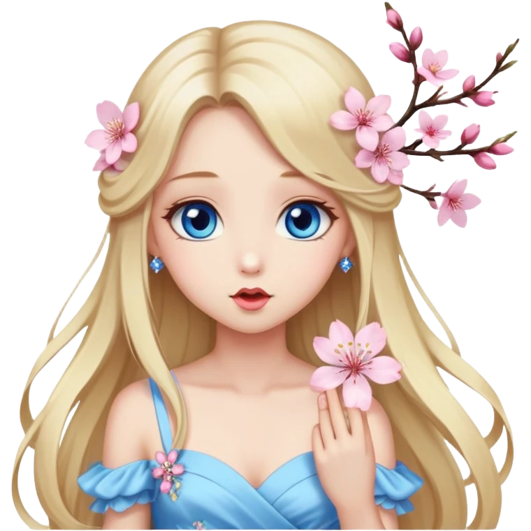 Girl with long blond hair and sakura accessories on her hair with a long tailed dress and have blue eyes beautiful finish and she sending lovely kisses  emoji