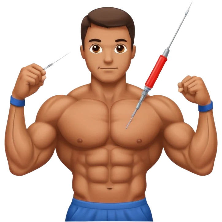 bodybuilder in gym with a needle emoji
