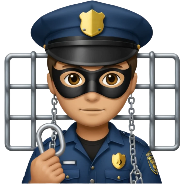 emoji of a thief in prison holding bars with a lock, police hat, chains, and a black mask, compact emoji format emoji