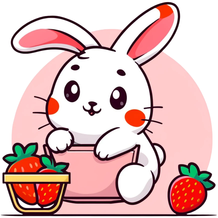 bunny picking strawberries in the woods, sweet pastel red emoji