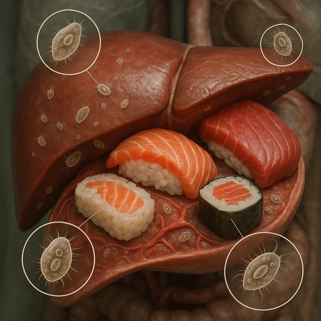 Hyperrealistic 4K anatomical view of a human liver in section, with sushi and raw fish full of clearly visible protozoa, realistic anatomical details, medical atmosphere, protozoa highlighted and enlarged. emoji