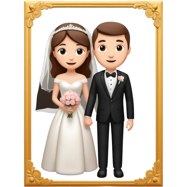 A 3D cartoon wedding advertisement poster hanging on a wall, with bride and groom illustration, visible border, flat lighting, Memoji-style. emoji