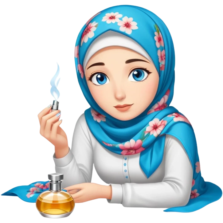 Turkish beautiful finish Konya girl blue eyes with floral hijab smells perfume on the floor  emoji