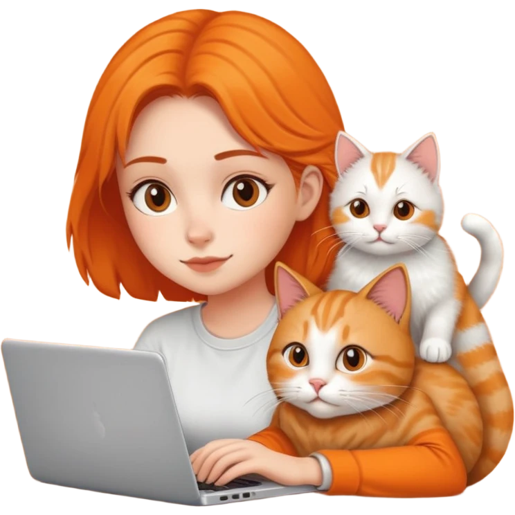 A girl is working on a laptop with a cat lying next to it emoji