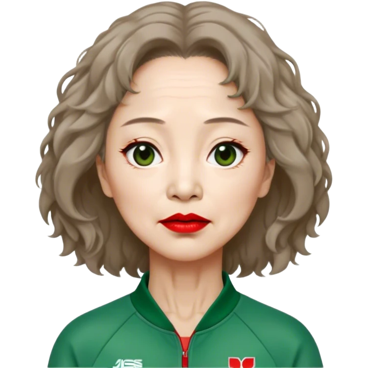 Han Mi-nyeo : Age: Late 60s
Appearance: A middle-aged woman with wrinkles, frizzy, messy light brown hair and dramatic red lipstick.
Outfit: Green player tracksuit emoji