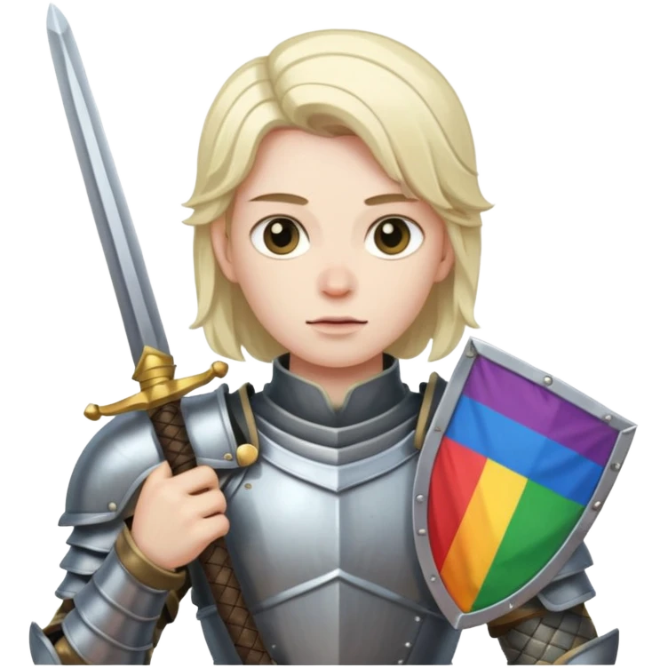 In armor and sword with dumb look on face Slack social justice warrior with pride flag emoji