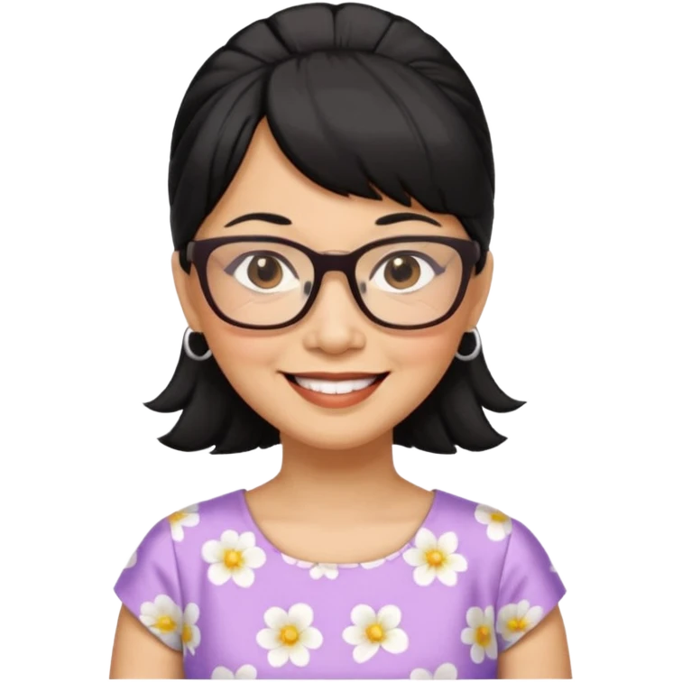 filipino woman black hair in one pony tail with straight bangs and big glasses, 60 yr old, nice dress

 emoji