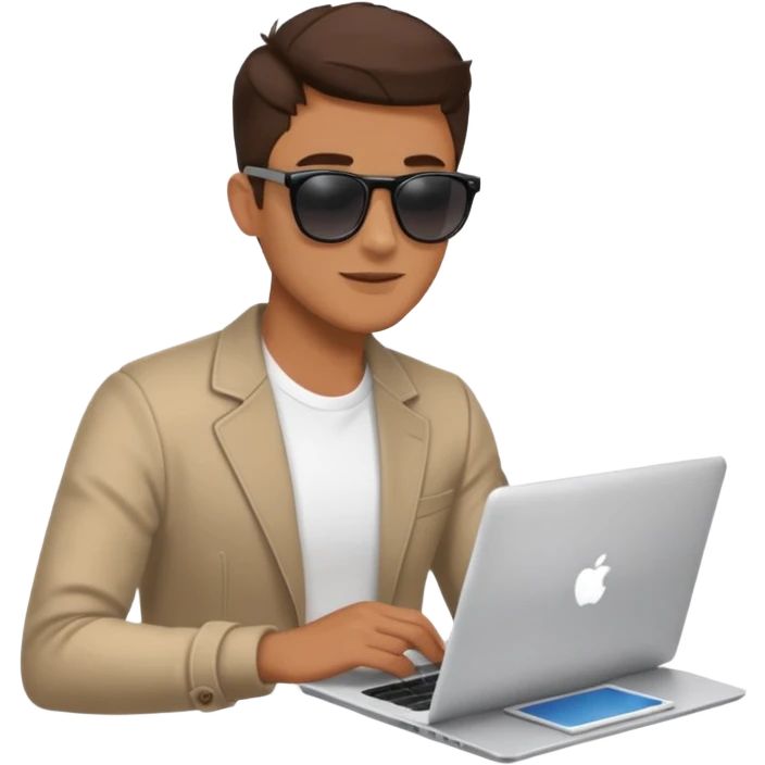 stylish man in sunglasses sitting with a laptop and coffee emoji