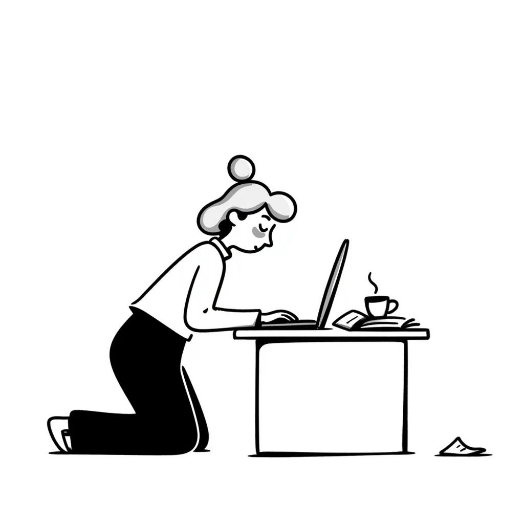 Exhausted blonde woman employee working on a laptop emoji