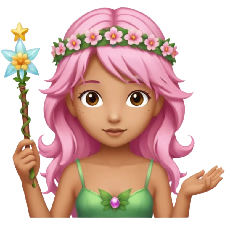 A flower fairy girl with long, light pink hair, holding a magic wand. emoji