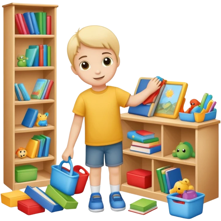 child tidying up their room, putting toys and books away, cheerful and organized emoji