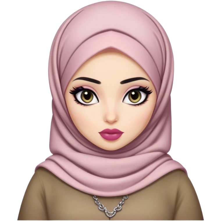 hijabi, pretty big lips, clothes, pale skin,  dark eyes, pretty bratz baddie, black eyeliner.  emoji