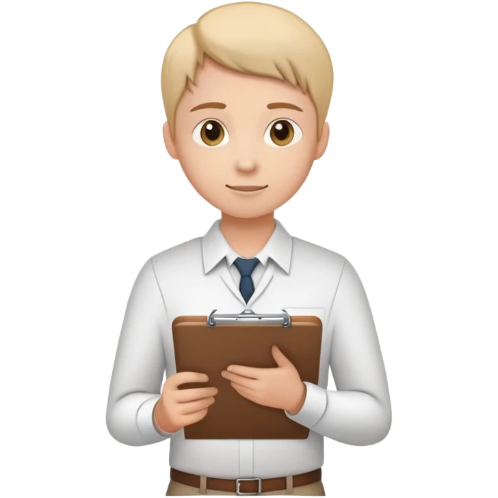 intern or volunteer holding a clipboard and pencil, ready to take notes or assist. The character wears a simple shirt and has an eager posture emoji