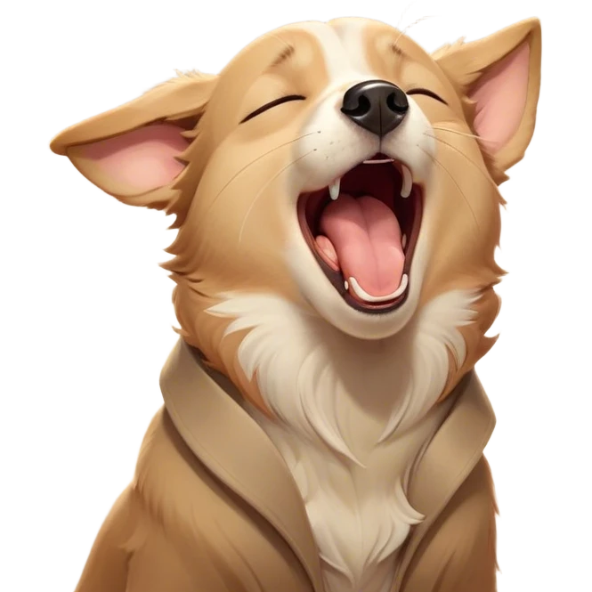 Cinematic Cute Yawning Domestic Dog Portrait Emoji, Head tilted slightly with a dramatic, wide-open yawn, showcasing a plush, inviting coat with gently drooping ears and half-closed, drowsy eyes, Simplified yet irresistibly adorable features, highly detailed, glowing with a soft, cozy glow, high shine, relaxed yet expressive, stylized with a dash of playful whimsy, soft glowing outline, capturing the essence of a sleepy yet affectionate dog that seems ready to stretch out for a nap! emoji