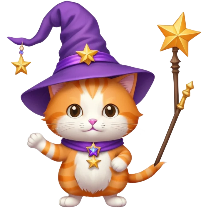 Orange cat wearing a purple wizard hat and holding a magic wand with a star at the tip emoji