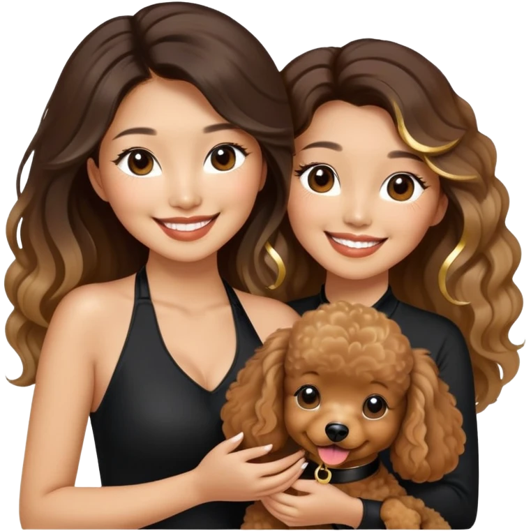 an asian lady with long balayage hair with gold highlights, long lashes, wearing black halterneck top, smiling happily, and holding a brown poodle emoji