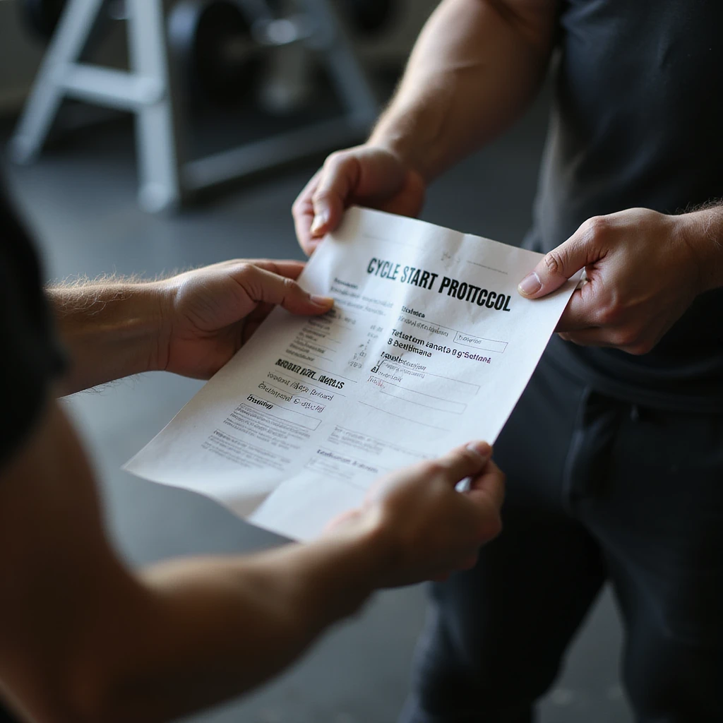 Bodybuilding coach handing an athlete a sheet with the cycle start protocol, text in close-up: 'Ciclo base: testosterone enantato 250 mg/settimana, 8 settimane, protezione: tamoxifene 10 mg/die.' Hyperrealistic 4K details, gym environment. emoji