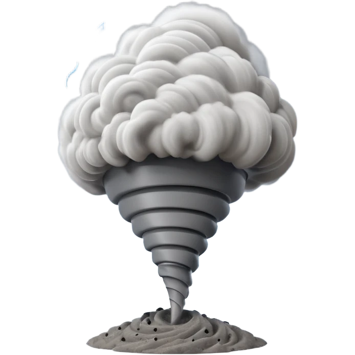3D render of Tornado, miniature weather phenomenon, volumetric particle effects, swirling dusty grey funnel cloud, elemental energy, emoji style, isolated on white background --v 6.0. emoji