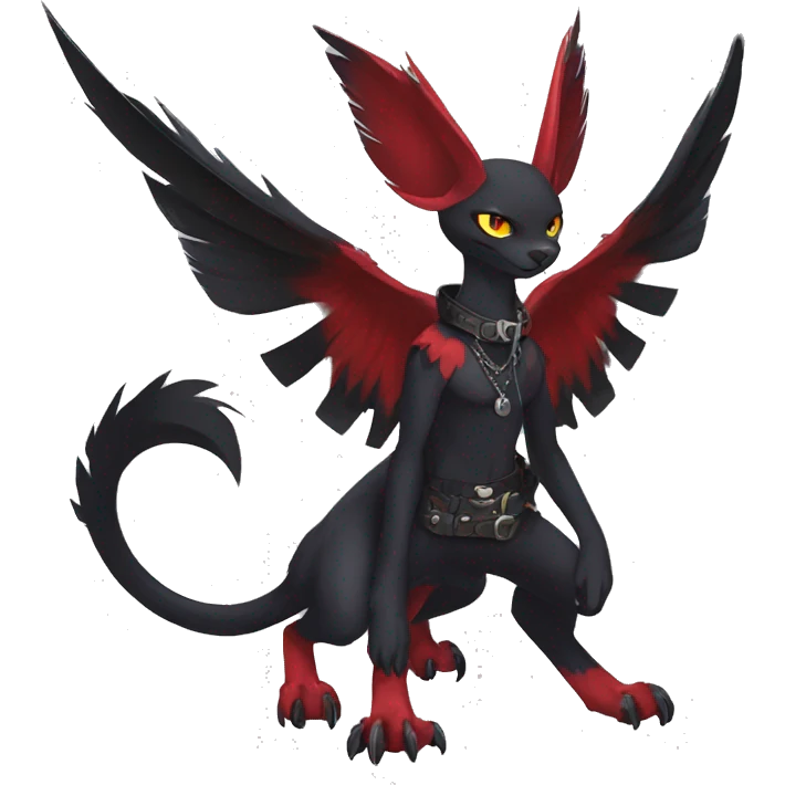 cool edgy black punk red nargacuga-raven-cat-animal hybrid Fakemon collar full body emoji