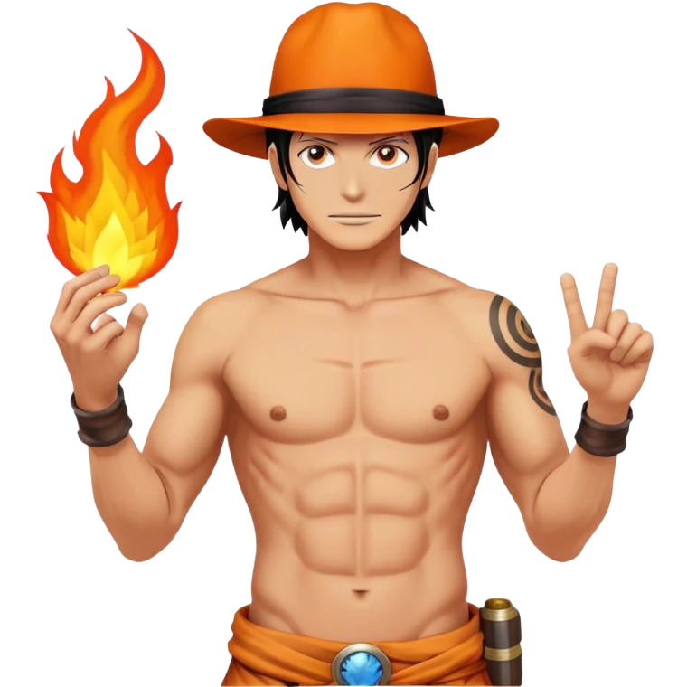 Portgas D. Ace with orange hat, shirtless with ASCE tattoo, fire powers emoji