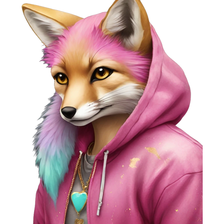 Pink magenta burgundy maroon cyan beige gray fox wearing a pink hoodie with gold jewellery gold piercings gold ear piercing gold nose piercing vintage watercolour tie dye black raven wings emoji