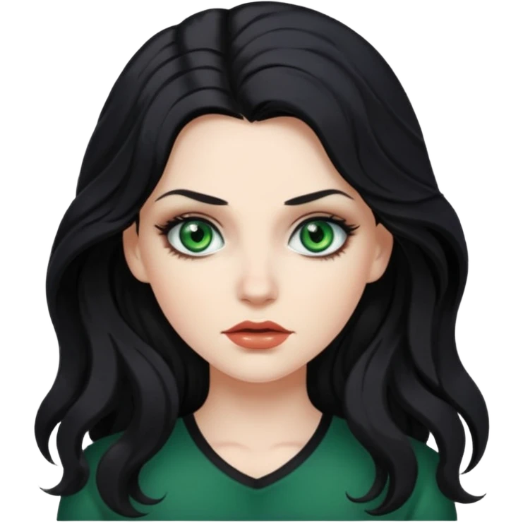 Mean looking white girl with long, wavy black hair, green eyes, and wearing makeup. emoji