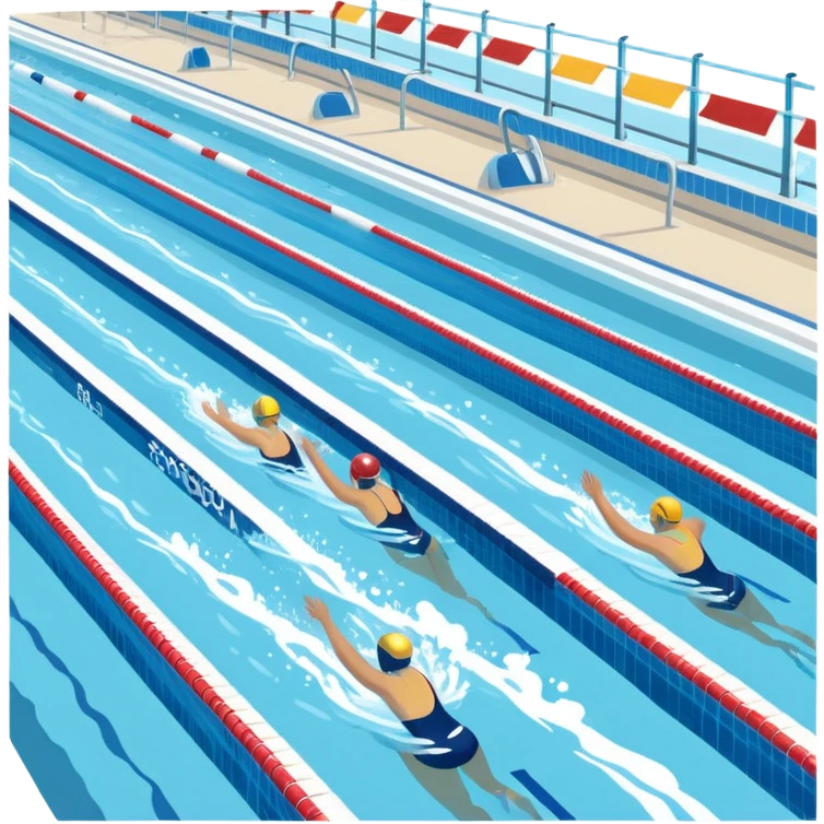 An icon featuring an Olympic swimming pool with multiple lanes and swimmers racing side by side. Splashes and lane dividers highlight the competition atmosphere. Transparent background emphasizes the energy, speed, and intensity of professional swimming events. emoji