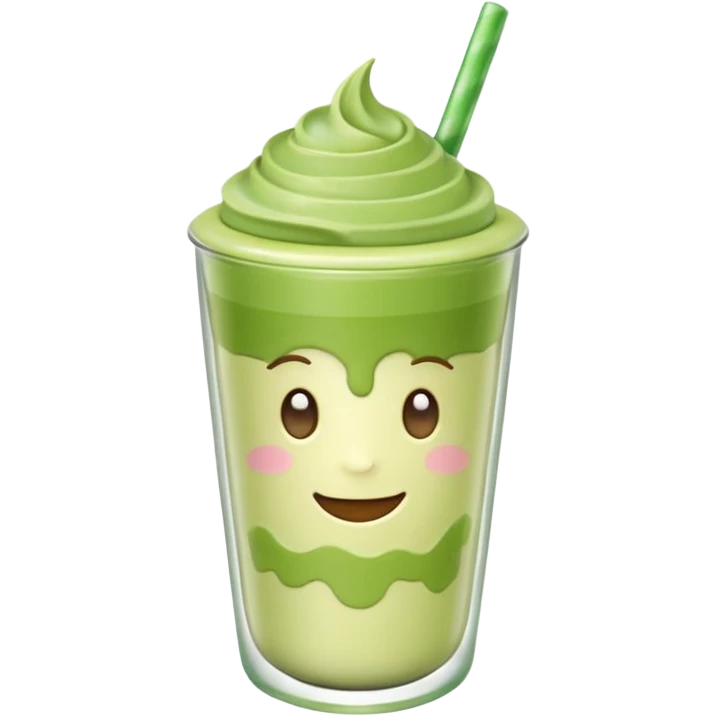 Emoji glossy 3D de un vaso de matcha latte, vaso de vidrio transparente con matcha espumoso verde pastel, capas suaves de leche y matcha, brillo intenso tipo sticker, sombras delicadas, fondo transparente, estilo cute moderno, alta calidad emoji