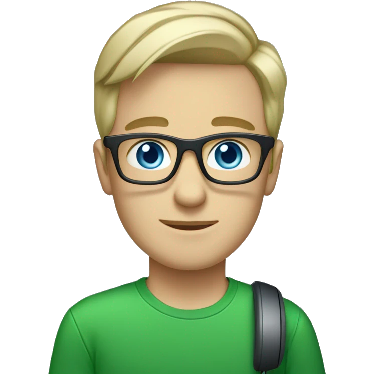 white young man with square glasses and blue eyes wearing green t-shirt with laptop and headset emoji