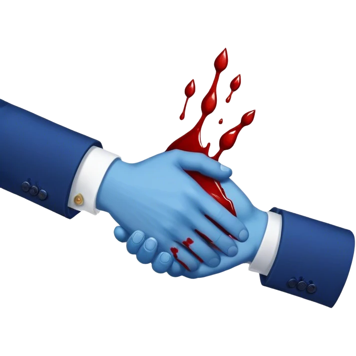 handshake in blue suits, blood on one of the hands, blood drops emoji
