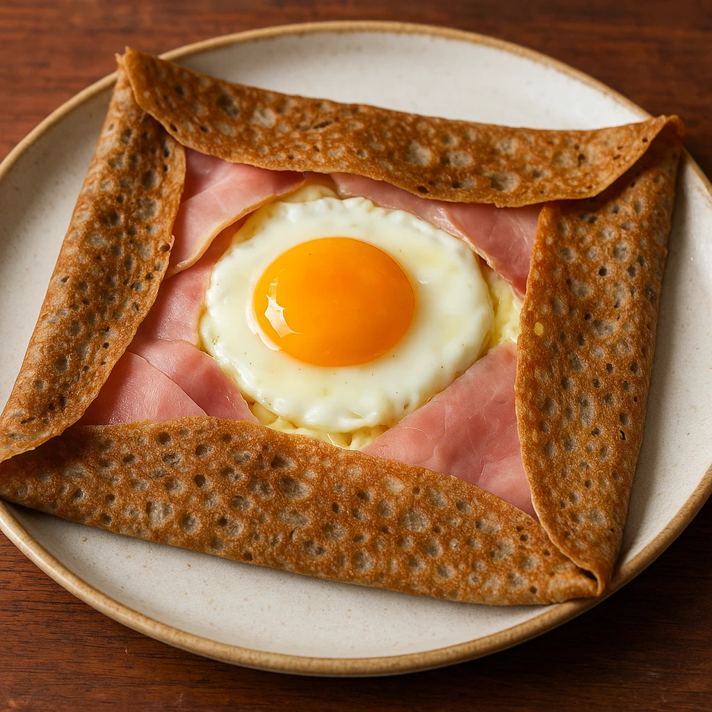 a French crepe with ham, cheese, and a sunny-side-up egg, savory galette style, photorealistic emoji